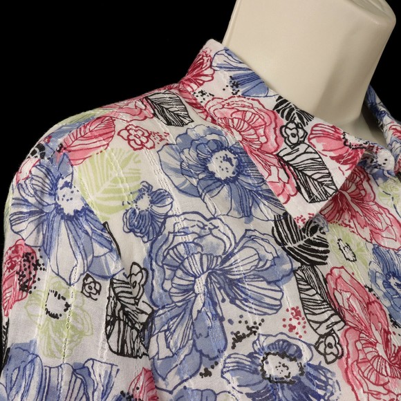 JM Collection Womens Button Front Shirt 8 Semi-Sheer Floral Pink Blue Green EUC - Picture 5 of 10